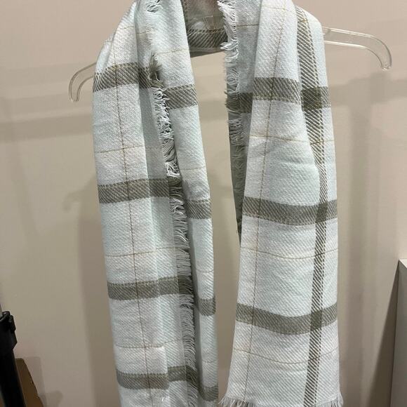 Blanket scarf, shawl, and wrap. Pastel mint, white, grey, and light pink plaid. - Picture 5 of 7